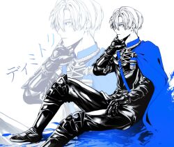 1boy adam&#039;s_apple arm_up armored_legwear belt belt_buckle black_pants black_shirt blue_belt blue_cape boots buckle cape chest_belt closed_mouth commentary_request dimitri_alexandre_blaiddyd fire_emblem fire_emblem:_three_houses garreg_mach_monastery_uniform gimechall highres korean_commentary looking_ahead male_focus nintendo pants parted_bangs parted_hair profile shirt side_cape sitting solo