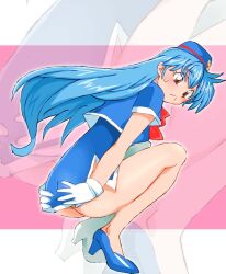 Rule 34 | 1girl, ass, bare arms, bare legs, blue dress, blue footwear, blue hair, blue hat, blush, bow, bowtie, brown eyes, closed mouth, covering ass, covering privates, dress, embarrassed, gloves, hat, knees, legs, long hair, microdress, no panties, onnaski, pink background, red bow, red bowtie, short dress, short sleeves, side slit, sitting, solo, tenjouin katsura, thighs, travel attendant, two-tone background, very long hair, white background, white gloves, yat anshin uchuu ryokou
