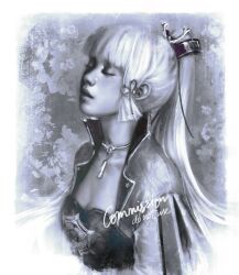 1girl armor ayaka_(genshin_impact) blunt_bangs blunt_sidelocks border breastplate breasts cleavage closed_eyes collarbone collared_shirt commentary commission english_text genshin_impact grey_background hair_ornament highres jewelry long_hair medium_breasts mole mole_under_eye monochrome necklace nikolas_(nikolardon) parted_lips ponytail realistic shirt sidelocks solo upper_body white_border