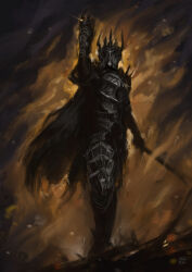 1boy artist_request cape full_body highres holding holding_sword holding_weapon non-web_source sauron solo source_request standing sword the_one_ring tolkien&#039;s_legendarium weapon