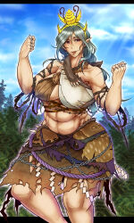 1girl abs antennae blue_sky brass_knuckles breasts brown_skirt chain chirizuka_ubame clenched_hands cloud commentary_request criss-cross_halter day feet_out_of_frame fossilized_wonders grey_hair halterneck headpiece highres large_breasts long_hair looking_at_viewer midriff muscular muscular_female navel open_mouth pointy_ears purple_eyes rope ryuuichi_(f_dragon) shide shimenawa skirt sky smile solo torn_clothes torn_skirt touhou tree underboob variant_set weapon