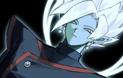 Rule 34 | 1boy, bad id, bad twitter id, black bodysuit, bodysuit, colored skin, dragon ball, dragon ball super, earrings, expressionless, fused zamasu, green skin, grey eyes, halo, jewelry, looking at viewer, pointy ears, potara earrings, solo, spiked hair, sugao n3, white background, white hair