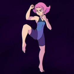 1girl armpits artist_request bandaid bandaid_on_face bandaid_on_nose bare_shoulders barefoot black_background bodysuit clenched_hand closed_mouth collarbone covered_navel feet female_focus fighting_pose fighting_stance flat_chest gen_4_pokemon gym_leader leg_up legs looking_away maylene_(pokemon) neck nintendo official_alternate_costume pink_eyes pink_hair pokemon pokemon_dppt serious short_hair simple_background skin_tight sleeveless sleeveless_bodysuit thighs tight_clothes tiptoes toes tomboy two-tone_bodysuit
