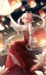 1girl ahoge architecture artist_request black_shoes chinese_clothes circlet cloud east_asian_architecture eyelashes floral_print flower foot_out_of_frame full_moon game_cg gold_necklace grey_socks hagoromo hair_ornament hanfu highres jacket jewelry lantern light_particles long_hair long_sidelocks long_sleeves looking_ahead lotus moon multicolored_hair necklace night night_sky nikki_(series) official_art orange_eyes outdoors outstretched_arm paper_lantern parted_lips red_hair red_hanfu shawl shining_nikki shoes sidelocks sight_of_the_moon_(shining_nikki) sitting sky smile socks solo streaked_hair town two-tone_hair vermillion_snow white_flower white_hair white_jacket wide_sleeves