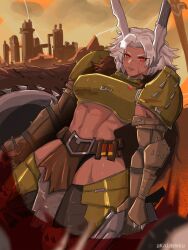 abs absurdres armor boku_no_hero_academia cosplay dark-skinned_female dark_skin doom_(series) highres kaidekku midriff mirko muscular muscular_female rabbit_ears red_eyes white_hair