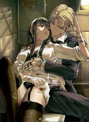 Rule 34 | 1boy, 1girl, bandaged arm, bandaged stomach, bandages, belt, black belt, black bra, black hair, black jacket, black necktie, black panties, black pants, black thighhighs, blonde hair, blood, blood on arm, blood on cheek, blood on neck, blue eyes, bra, breasts, closed mouth, collarbone, collared shirt, commentary, couple, earrings, english commentary, feet out of frame, fingernails, gold earrings, hair between eyes, hand on another&#039;s head, hand on another&#039;s stomach, headband, henoopd, highres, hug, indoors, jacket, jewelry, knee up, long hair, looking at another, looking down, looking up, medium breasts, midriff, navel, necktie, on toilet, open clothes, open shirt, panties, pants, parted lips, red eyes, shirt, short hair, sidelocks, sitting, spy x family, sunlight, thigh strap, thighhighs, torn clothes, torn thighhighs, twilight (spy x family), underwear, white headband, white shirt, window, yor briar