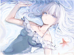 Rule 34 | 1girl, absurdres, animal, bare arms, bare shoulders, black one-piece swimsuit, blue archive, breasts, closed mouth, frilled one-piece swimsuit, frills, grey hair, highres, long hair, looking at viewer, miyako (blue archive), miyako (swimsuit) (blue archive), off-shoulder one-piece swimsuit, off shoulder, official alternate costume, one-piece swimsuit, parted lips, purple eyes, small breasts, solo, somray, starfish, swimsuit, upper body