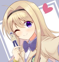 1girl ;) absurdres blazer blonde_hair blush brother_and_sister brown_jacket chaos;head collared_shirt dress_shirt hair_between_eyes hairband heart highres holding jacket long_hair long_sleeves looking_at_viewer nishijou_nanami nishijou_takumi one_eye_closed purple_eyes school_uniform shirt siblings smile solo suimei_academy suimei_school_uniform white_shirt zenemo
