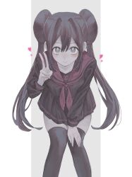 Rule 34 | 1girl, black thighhighs, blue eyes, blush, breasts, brown hair, brown shirt, brown skirt, closed mouth, double bun, hair bun, highres, long hair, looking at viewer, neckerchief, nintendo, pleated skirt, pokemon, pokemon bw2, red neckerchief, red sailor collar, rosa (pokemon), sailor collar, school uniform, shirata mint, shirt, simple background, skirt, smile, solo, thighhighs, twintails, v