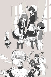 &gt;_&lt; 1boy 1other 4girls aged_down angry apron basket beatrice_(umineko) beret braid braided_bun brooch child choker coattails collared_shirt corset cropped_jacket formal_clothes garter_straps hair_bun hat highres holding holding_basket holding_smoking_pipe jewelry kneehighs lenon_(umineko) leotard long_hair looking_at_another lucifer_(umineko) lunon_(umineko) maid maid_apron monochrome multiple_girls necktie pants prprpkpy shirt shrug_(clothing) sidelocks skirt smoke smoking_pipe socks suit tears thighhighs umineko_no_naku_koro_ni ushiromiya_battler waist_apron window witch yasu_(umineko)