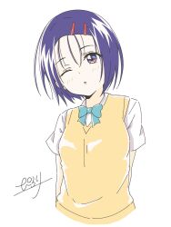 Rule 34 | 1girl, ;o, blush, bow, bowtie, breasts, commentary request, cropped torso, green bow, green bowtie, highres, one eye closed, pilolimaru, purple eyes, purple hair, sainan high school uniform, sairenji haruna, school uniform, shirt, short hair, short sleeves, simple background, solo, summer uniform, sweater vest, to love-ru, white background, white shirt, yellow sweater vest