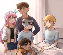Rule 34 | 1girl, 4boys, antenna hair, aubrey (faraway) (omori), aubrey (omori), bandaged head, bandages, bandaid, bandaid on face, bandaid on nose, basil (faraway) (omori), basil (omori), bed, black eyes, black hair, blonde hair, blue eyes, blue hairband, blue skirt, blue sweater, bright pupils, brown eyes, brown hair, chair, closed mouth, collarbone, crop top, crying, crying with eyes open, dark-skinned male, dark skin, denim, denim skirt, double-parted bangs, eyepatch, gokun, hairband, hand on own hip, hero (faraway) (omori), hero (omori), highres, hospital, hospital bed, hospital gown, indoors, jacket, kel (faraway) (omori), kel (omori), long hair, looking at another, medical eyepatch, multiple boys, navel, omori, on bed, one eye closed, pink hair, short-sleeved jacket, short sleeves, sitting, skirt, spoilers, sunny (omori), sweater, tearing up, tears, under covers, white jacket, white pupils