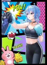 1girl 1other :o absurdres alternate_costume black_pants blue_choker blue_eyes blue_hair blue_ribbon blue_sports_bra boxing boxing_gloves breasts choker cleavage collarbone double-parted_bangs flat_chest focus_mitts hair_between_eyes hair_ribbon high-waist_pants highres hololive hoshimachi_suisei kanahei_no_shoudoubutsu medium_hair midriff motion_blur navel open_mouth pants punching ribbon side_ponytail single_sidelock small_breasts solo_focus sound_effects sports_bra star_(symbol) star_choker star_in_eye sweat symbol_in_eye training usagi_(kanahei) virtual_youtuber wajuniorbox window yoga_pants