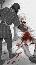 2boys absurdres astarion baldur&#039;s_gate baldur&#039;s_gate_3 black_hair bleeding blood blood_on_clothes blood_on_face cazador_szarr dungeons_&amp;_dragons dungeons_&amp;_dragons guro highres multiple_boys pointy_ears scene_reference sitting spot_color tweedledraws white_hair