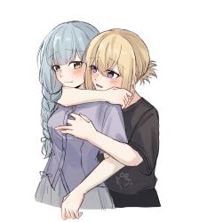 Rule 34 | 2girls, absurdres, arm around neck, bang dream!, bang dream! it&#039;s mygo!!!!!, black shirt, blonde hair, blue hair, blush, braid, closed mouth, commentary, grabbing another&#039;s breast, grabbing from behind, groping, hair up, highres, kaeru (kaeee41917105), long hair, misumi uika, multiple girls, official alternate costume, official alternate hairstyle, open mouth, purple eyes, purple shirt, shirt, short sleeves, simple background, single braid, togawa sakiko, white background, yellow eyes, yuri