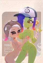 1girl 1other bandaged_hand bandages baseball_cap blue_hair blush breast_sucking brown_hair closed_eyes colored_skin completely_nude ear_piercing grabbing_another&#039;s_breast green_skin groping hand_on_another&#039;s_thigh hat heart heart-shaped_pupils highres implied_yuri inkling_(language) multicolored_hair nintendo nude octoling orange_hair piercing pink_hair pussy_juice sanitized_(splatoon) splatoon_(series) splatoon_3 suction_cups symbol-shaped_pupils tentacle_hair two-tone_background two-tone_hair uncensored zhang_tian57284