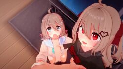1boy 2girls 3d ahoge animated blue_eyes blush brown_hair clothed_female_nude_male cum cum_on_body ejaculation evil_neuro-sama facial fellatio hair_ornament hair_ribbon hairclip handjob hetero highres indie_virtual_youtuber indoors koikatsu_(medium) large_penis licking loli looking_at_viewer male_pubic_hair multiple_girls neuro-sama nude oral penis penis_grab pov pov_crotch pubic_hair red_eyes ribbon rug smile table tagme video virtual_youtuber wataamage wooden_floor