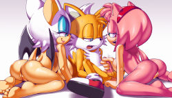 1boy 2girls amy_rose anal anal_fingering anus apostle_(artist) ass barefoot blue_eyes cleft_of_venus clitoris fingering furry girl_sandwich green_eyes half-closed_eyes handjob headband highres male_penetrated multiple_girls naughty_face nude open_mouth penis pink_hair pussy rouge_the_bat sandwiched sex short_hair sitting smile sonic_(series) tails_(sonic) toes uncensored