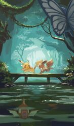 bandana bandana_around_neck bridge brown_fur bug butterfly butterfree creatures_(company) eevee fish game_freak gen_1_pokemon insect koi looking_at_another magikarp nature nintendo outdoors pikachu pokemon pokemon_mystery_dungeon river running water yamaori_(hakkentai_pokedan) yellow_fur