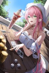 1girl :d absurdres arm_support black_choker breasts building card choker cleavage coin crossed_bangs detached_sleeves dice dress food fruit green_eyes halterneck highres holding holding_coin ice_cream kuro_(rudyan0128) large_breasts looking_at_viewer open_mouth original pink_hair smile solo strawberry table tree white_dress white_headwear wooden_chair wooden_table