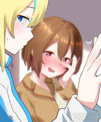 2girls absurdres blonde_hair blue_eyes blurry blush brown_eyes brown_hair brown_shirt candy chinese_commentary chocolate chocolate_heart commentary_request depth_of_field drooling food hand_on_own_face heart heart-shaped_food highres kouzuki_mahiru long_hair long_sleeves mouth_drool multiple_girls mutsuki_(mutsuki0110) open_mouth pajamas shirt short_hair yamanouchi_kano yoru_no_kurage_wa_oyogenai yuri