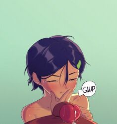 1boy 1girl after_fellatio amphibia black_hair closed_eyes cum cum_in_mouth dark-skinned_male dark_skin english_text facing_viewer hetero highres interracial kassitta large_penis marcy_wu oral penis pov short_hair simple_background solo_focus swallowing tears uncensored