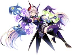 asymmetrical_horns breasts duel_masters duel_masters_play&#039;s horns large_breasts lowres magic_circle mismatched_horns nero_gryphis_(duel_masters) non-web_source purple_horns red_horns yellow_eyes