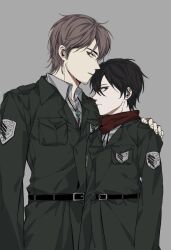 1boy 1girl bad_id bad_pixiv_id beard_stubble black_eyes black_hair brown_hair closed_mouth facial_hair grey_background hand_on_another&#039;s_shoulder hd158 highres jean_kirstein jewelry long_sleeves mikasa_ackerman military military_uniform necklace red_scarf scarf shingeki_no_kyojin short_hair sideburns simple_background stubble survey_corps_(emblem)