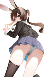 1girl absurdres amiya_(arknights) animal_ear_fluff animal_ears aqua_eyes aqua_ribbon arknights ass asymmetrical_legwear black_sailor_collar black_shirt black_thighhighs blush brown_hair chinese_commentary commentary_request double-parted_bangs feet_out_of_frame film_grain foot_up from_behind grid_print hair_between_eyes hair_ribbon hand_up highres long_bangs long_hair looking_at_viewer looking_back no_tail panties pantyshot parted_lips ponytail purple_skirt rabbit_ears rabbit_girl ribbon sailor_collar school_uniform serafuku shenmi_de_xigua shirt simple_background single_thighhigh skirt solo standing striped_clothes striped_panties thighhighs turning_head underwear upskirt variant_set white_background