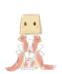 1girl back_bow bag_on_head blush bow commentary_request dress full_body high_priest_(ragnarok_online) juliet_sleeves long_sleeves lowres puffy_sleeves ragnarok_online red_dress ren_(totoki) sash seiza simple_background sitting solo two-tone_dress white_background white_bow white_dress white_sash