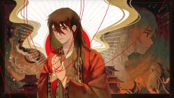 2boys architecture bandages benkebuhui bird black_hair black_hanfu black_nails border brown_hair building burning burning_building chinese_clothes chinese_commentary closed_mouth coat dao_gui_yi_xian dual_persona east_asian_architecture fire hair_between_eyes hands_up hanfu highres ji_zai li_huowang long_hair long_sleeves looking_at_viewer low-tied_sidelocks male_focus multiple_boys official_alternate_hairstyle outside_border own_hands_together parted_lips praying profile projected_inset red_coat red_eyes robe sidelocks sideways_glance smoke string string_of_fate upper_body wide_sleeves