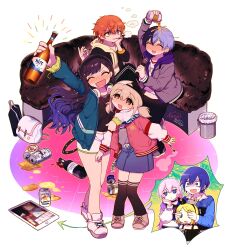 Rule 34 | 3boys, 4girls, absurdres, aoyagi touya, arm up, asahi breweries, azusawa kohane, beer bottle, beer can, black pants, blonde hair, blue hair, blue skirt, blush, bottle, brown eyes, can, cigarette, closed eyes, covering another&#039;s eyes, drink can, drunk, grey jacket, highres, holding, holding bottle, holding cigarette, jacket, jihecchi, kagamine rin, kaito (vocaloid), megurine luka, multicolored hair, multiple boys, multiple girls, open mouth, orange hair, pants, project sekai, sapporo beer, shinonome akito, shiraishi an, shirt, shoes, short twintails, shorts, simple background, skirt, smile, smoke, split-color hair, streaked hair, trash can, twintails, underage drinking, vivid bad squad (project sekai), vivid bad squad kaito, vivid bad squad luka, vivid bad squad rin, vocaloid, white background, white footwear, white shirt, white shorts, wine bottle