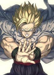 1boy absurdres blonde_hair boriroba cape clenched_teeth commentary_request dougi dragon_ball dragon_ball_super dragon_ball_super_super_hero floating_cape floating_hair highres imminent_attack looking_at_viewer male_focus masenko muscular muscular_male purple_dougi red_sash sash short_hair single_bang solo son_gohan spiked_hair super_saiyan super_saiyan_2 sweatband teeth toriyama_akira_(style) torn_cape torn_clothes upper_body veins veiny_arms white_background white_cape