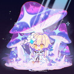 Rule 34 | 1girl, @ @, artist name, ayiiiyiii, blonde hair, blush, character name, chibi, chibi only, chinese commentary, commentary request, copyright name, dated, dress, flower, genshin impact, hair between eyes, hair flower, hair ornament, hands up, highres, lumine (genshin impact), mushroom, open mouth, short hair with long locks, solo, sunlight, teeth, twitter username, upper teeth only, white dress, white flower, yellow eyes