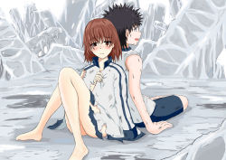 10s 1boy 1girl 2014 3535mb ass back-to-back bare_legs barefoot black_hair blush bottomless brown_eyes brown_hair gym_uniform jacket jacket_only kamijou_touma matching_hair/eyes misaka_mikoto naked_jacket outdoors short_hair shorts sitting spiked_hair tears thick_thighs thighs toaru_kagaku_no_railgun toaru_kagaku_no_railgun_t toaru_majutsu_no_index toes torn_clothes torn_jacket track_jacket