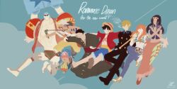 Rule 34 | 2girls, 6+boys, antlers, arms up, bandana, bikini, bikini top only, black suit, blue shorts, cloud, commentary, cropped jacket, cross, crossed arms, denim, formal clothes, franky (one piece), green kimono, hat, highres, hood, horns, jacket, japanese clothes, jeans, kimono, long hair, midriff, monkey d. luffy, multiple boys, multiple girls, nami (one piece), nico robin, nico robin (return to sabaody), one piece, only op2024, pants, pink hat, pink sarong, red shirt, reindeer antlers, roronoa zoro, sanji (one piece), sarong, scar, scar on chest, shirt, short-sleeved jacket, short sleeves, shorts, straw hat pirates, suit, symbol-only commentary, tony tony chopper, twitter username, usopp