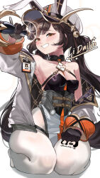 Rule 34 | animal ears, black hair, black survival, blush, breasts, cleavage, corset, drunk, eternal return: black survival, hat, highres, jacket, li dailin, li dailin (cadet), official alternate costume, rabbit ears, rtgg, small breasts, strapless, thighhighs, white hat, white jacket, yellow eyes