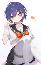 1girl alternate_costume belle_(zenless_zone_zero) black_skirt blue_hair closed_mouth green_eyes hair_ornament harurunoe heart letter_hair_ornament looking_at_viewer pantyhose shirt short_hair skirt smile solo white_pantyhose white_shirt zenless_zone_zero