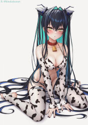 1girl animal_print bell bikini black_hair black_nails blush breasts cow_print cow_print_bikini cow_print_gloves cow_print_thighhighs cowbell elbow_gloves fingerless_gloves gloves goddess_of_victory:_nikke green_hair hair_intakes highres kinoko_kun large_breasts little_mermaid_(nikke) long_hair looking_at_viewer multicolored_hair paid_reward_available print_bikini print_gloves print_thighhighs simple_background sitting solo swimsuit thighhighs twintails two-tone_hair variant_set very_long_hair wariza white_background yellow_eyes