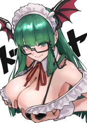 1girl ap_cammy blunt_bangs breasts cleavage commentary_request darkstalkers detached_collar glasses green_eyes green_hair head_wings highres large_breasts long_hair looking_at_viewer maid_headdress morrigan_aensland smile solo upper_body wings