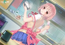 apron blue_skirt blush bowl cooking date_a_live date_a_live:_rinne_utopia date_a_live:_spirit_pledge egg kitchen looking_at_viewer looking_back open_mouth pink_apron pink_hair pot red_eyes shirt short_hair skirt sonogami_rinne stove white_shirt