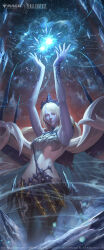 absurdres arif_wijaya armpits arms_up commentary copyright_name copyright_notice cryokinesis english_commentary final_fantasy final_fantasy_xvi frost highres ice ice_shard jill_warrick long_hair looking_at_viewer magic:_the_gathering official_art pale_skin shiva_(final_fantasy) sleeveless tiara very_long_hair