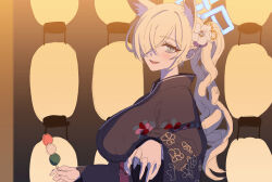 1girl animal_ear_fluff animal_ears black_kimono blonde_hair blue_archive blue_halo blush breasts dango flower food grey_eyes hair_flower hair_ornament hair_over_one_eye halo highres holding holding_food japanese_clothes kanna_(blue_archive) kimono large_breasts long_hair long_sleeves looking_at_viewer nompang official_alternate_costume open_mouth ponytail print_kimono sharp_teeth sketch smile solo teeth unfinished upper_body upper_teeth_only wagashi