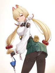 1girl absurdres alice_thymefield animal_ears black_gloves black_pantyhose blonde_hair collared_shirt cowboy_shot fingerless_gloves gloves green_skirt hair_ornament heterochromia highres holding holding_sword holding_weapon looking_at_viewer nomi_(gpjg7877) panties panties_under_pantyhose pantyhose pom_pom_(clothes) pom_pom_hair_ornament rabbit_tail shirt skirt sword tail twintails underwear weapon white_shirt zenless_zone_zero
