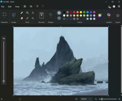 Rule 34 | art program in frame, beach, christian young, commentary, crash, fog, grey sky, highres, jagged rocks, landscape, microsoft paint (medium), microsoft paint (software), no humans, ocean, original, outdoors, painterly, scenery, screencap, shore, sky, surf, waves