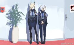 Rule 34 | 2girls, animal ear fluff, animal ears, armband, black gloves, black pantyhose, black shoes, blonde hair, blue archive, blue halo, blue necktie, blue pants, blue shirt, blue skirt, breasts, character request, clich51368861, collared shirt, dog ears, dog girl, door, extra ears, full body, gloves, hair over one eye, halo, highres, indoors, kanna (blue archive), long hair, long sleeves, looking to the side, multiple girls, necktie, own hands together, pants, pantyhose, police, police uniform, policewoman, purple armband, shadow, shirt, shoes, sign, skirt, standing, twitter username