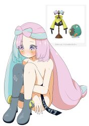 Rule 34 | 1girl, absurdres, bellibolt, blush, highres, iono (pokemon), long hair, looking down, multicolored hair, nintendo, nose blush, nude, pink hair, pokemon, pokemon sv, poyoxis, sitting, solo, translation request, very long hair, white background