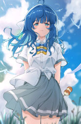 1girl absurdres ahoge aokaly arms_behind_back bird blue_bow blue_bowtie blue_eyes blue_hair blush bow bowtie collared_shirt commentary_request cowboy_shot day food grey_skirt highres long_hair make_heroine_ga_oo_sugiru! outdoors pleated_skirt school_uniform shirt short_sleeves skirt sky solo summer_uniform takoyaki tsuwabuki_high_school_uniform white_shirt yanami_anna yellow_bow yellow_bowtie
