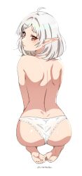 Rule 34 | 1girl, absurdres, ahoge, artist name, ass, back, bare back, barefoot, crotch seam, elf, feet, from behind, highres, kneeling, lace, lace-trimmed panties, lace trim, looking at viewer, looking back, medium hair, morime, mushoku tensei, panties, parted lips, pointy ears, shoulder blades, simple background, solo, sylphiette (mushoku tensei), topless female, turning head, twitter username, underwear, white background, white hair, white panties, yellow eyes