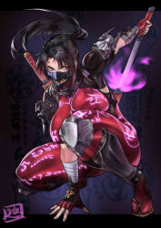1girl 20s absurdres angry arm_wrap armor armored_boots aura black_hair body_markings body_writing bodysuit bodysuit_under_armor boots bracelet breast_press breasts brown_eyes cleavage clothes_writing collared_vest colored_fire covered_erect_nipples energy face_mask fighting_stance fingerless_gloves fire foot_wraps full-body_tattoo furrowed_brow geta gloves glowing glowing_markings glowing_sword glowing_tattoo glowing_weapon greyscale hand_on_floor handle highres holding holding_sword holding_weapon impossible_bodysuit impossible_clothes inktober jewelry juaag_acgy katana knee_boots kneeling ninja large_breasts large_nipples lineart looking_at_viewer mask mature_female medium_hair monochrome mouth_mask multiple_weapons ninja ninja_mask ninjatou no_background oni_mask outstretched_arm pauldrons pinup_(style) ponytail purple_fire purple_tattoo red_bodysuit red_gloves red_socks runes sagging_breasts sandals sanpaku sheath sheathed shin_guards short_sword shoulder_armor signature sketch skin_tight sleeveless sleeveless_bodysuit socks solo soul_calibur soulcalibur soulcalibur_vi spiked_shoulder_pads squatting sword tabi taki_(soulcalibur) talisman tantou thick_thighs thighs unsheathing vest wakizashi weapon weapon_on_back wide_hips